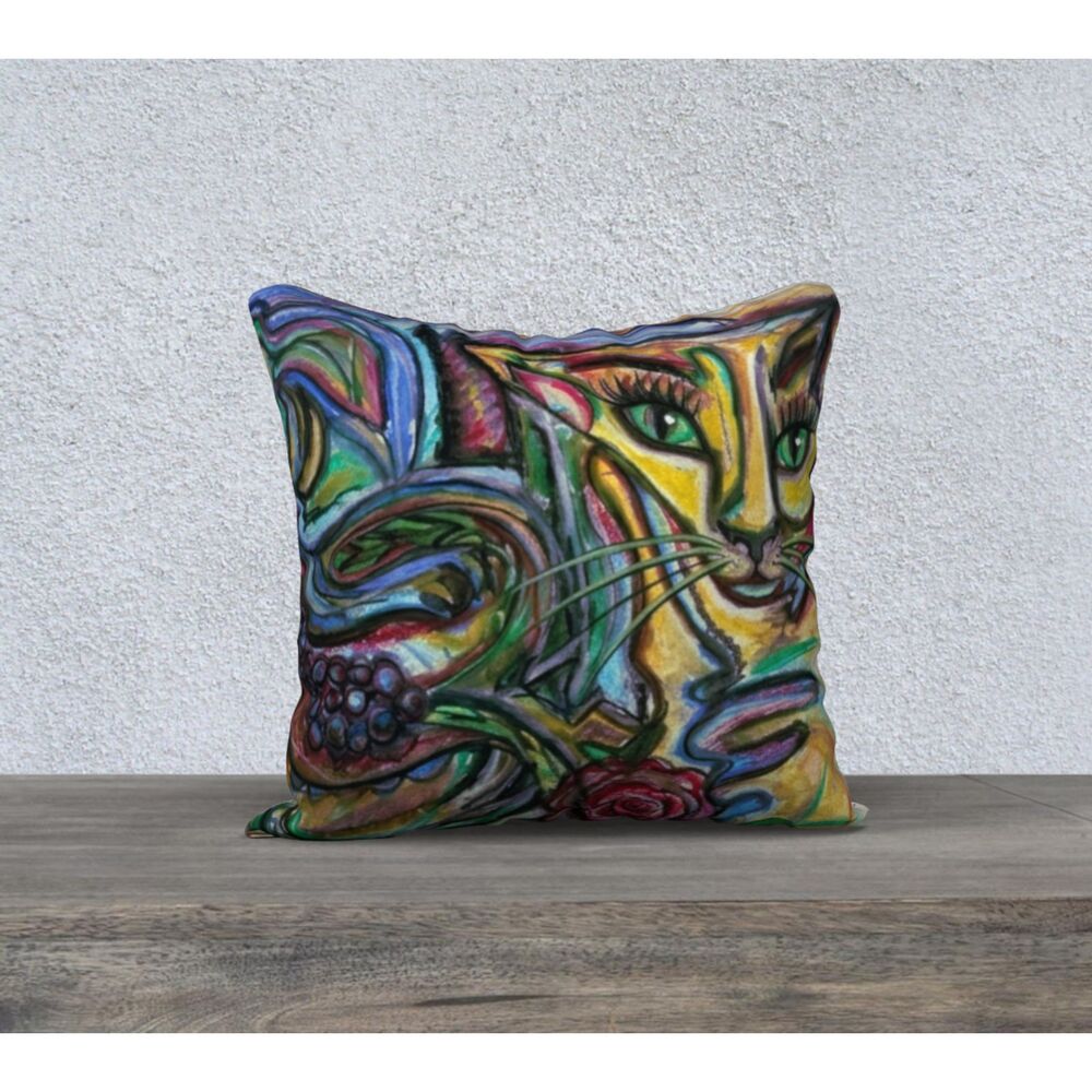 Whimsical Cat & Rose Abstract Pillow